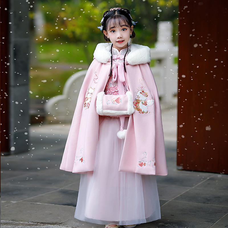 Girls' Improved Hanfu Dress New Fleece-lined Thickened Children's Cheongsam Dress Autumn and Winter Tang Suit Ancient Costume