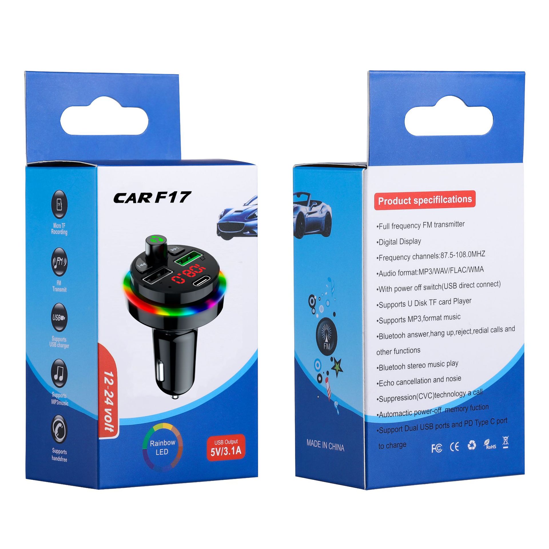 Car MP3 Bluetooth Player Seven-Color Ambience Light FM Transmitter U Disk TF Card Expansion F17usb Car Charger F16