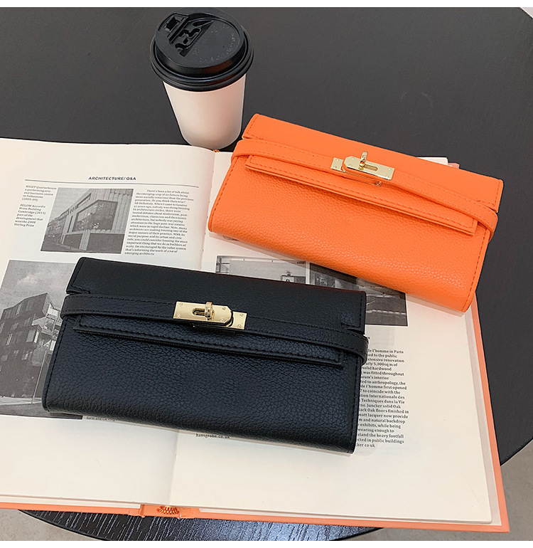 2022 Summer New Fashion Lychee Pattern Solid Color Women's Handbag European American Style Multiple Card Slots Lock Long Money