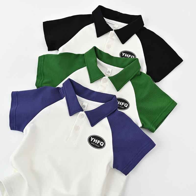 儿童polo衫 男童纯棉短袖t恤 撞色 插肩袖上衣 校服 春夏款 童装