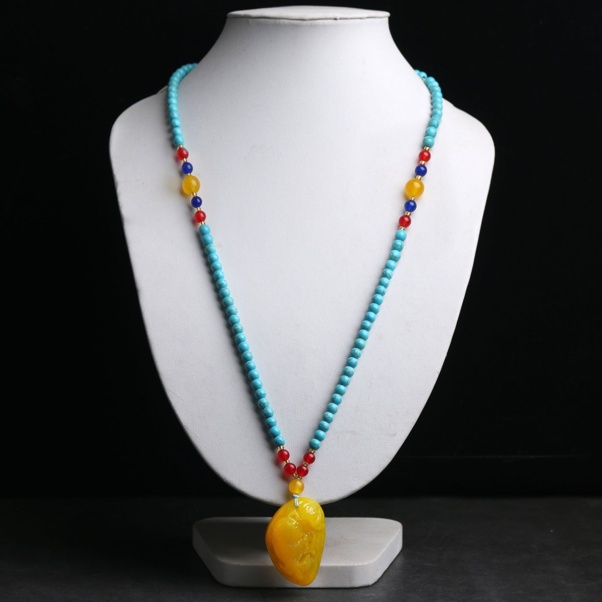 厂家货源文艺绿松石项链仿蜜蜡吊坠108颗女款金鱼毛衣链 饰品批发