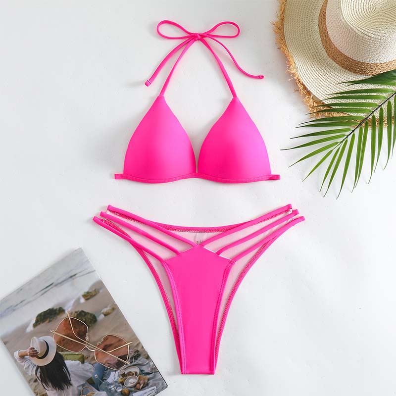 欧美新款带胸垫分体泳衣女纯色系绳挂脖露背三角包比基尼度假泳装