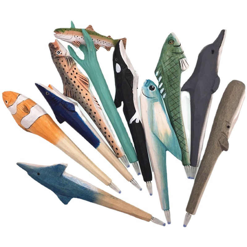 青木凡可爱动物造型木质雕刻笔海洋动物系列木雕笔木头笔礼品文具