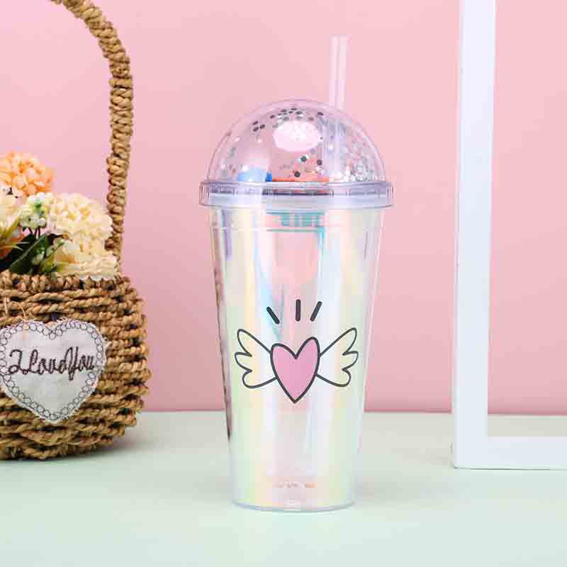 Summer Creative Cold Preservation Double-Layer Plastic Cup Portable Student Household Cold Drink Cup with Straw Cute Crushed Ice Cup