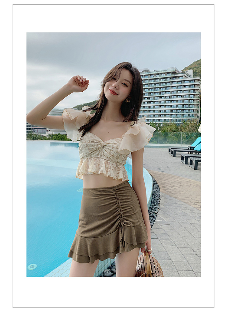 日韩系小香风分体裙式泳衣女夏保守性感蕾丝修身遮肚学生温泉泳装