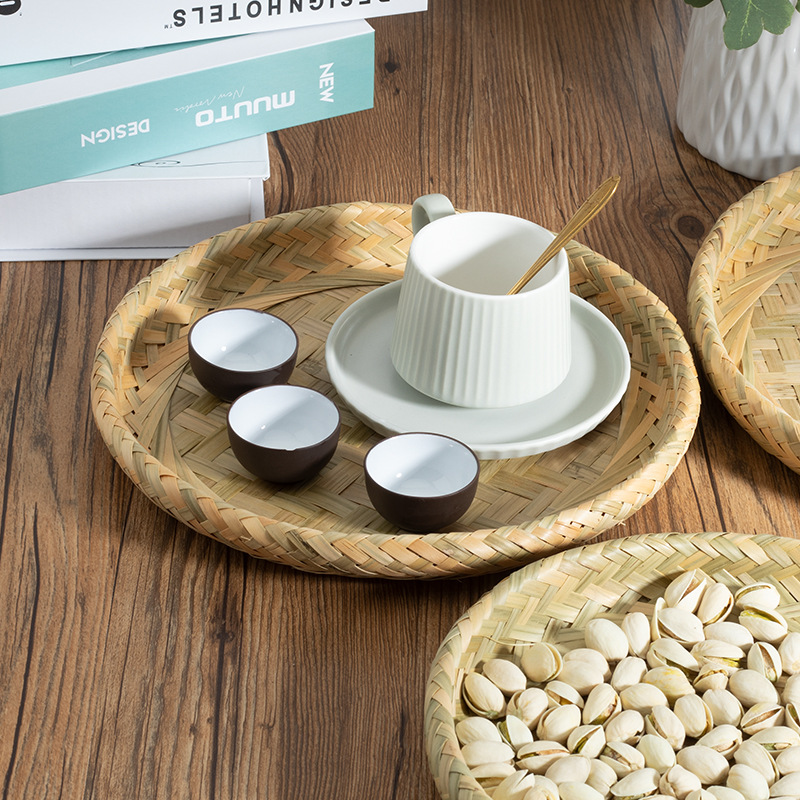 3ew1竹编制品圆形托盘簸箕手工竹盘茶室编织果盘收纳点心盘客厅馒