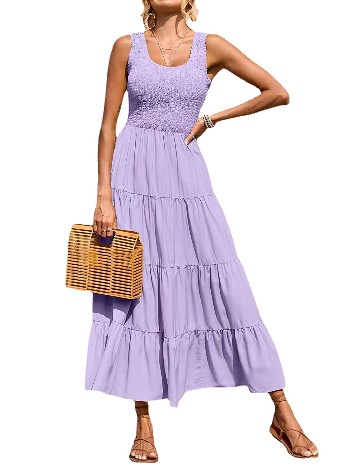 Amazon European and American Women's Clothing Long Dress Ins Popular Cross-Border Sleeveless Sling Pleating Large Swing Dress