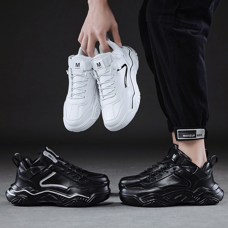全黑色休闲运动鞋秋季新款增高老爹鞋纯黑皮面防水工作上班男鞋子