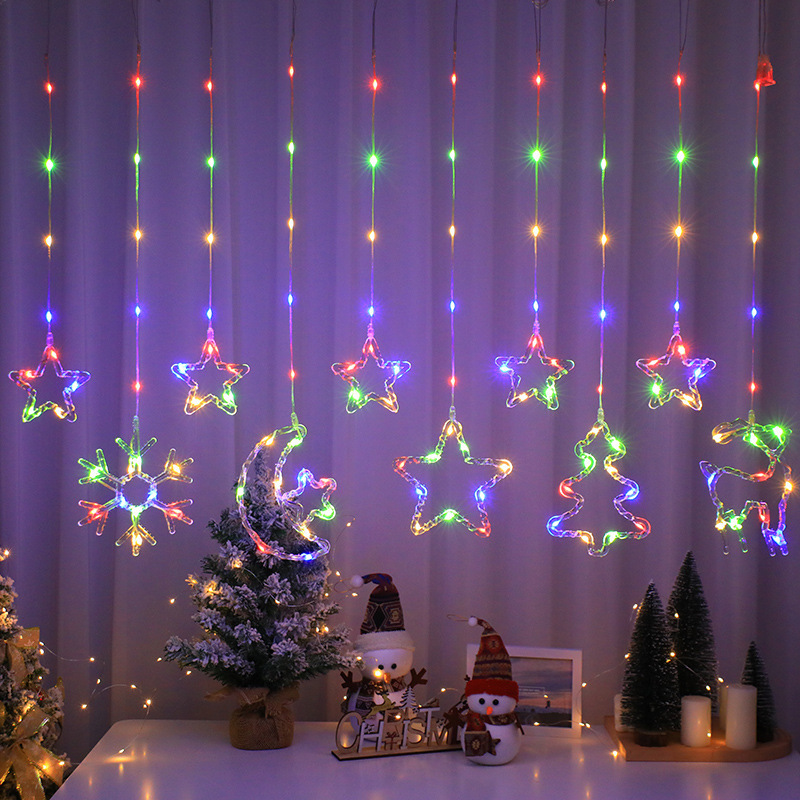 跨境圣诞装饰星月窗帘灯 节日氛围装饰星星雪花圣诞树皮线LED灯串
