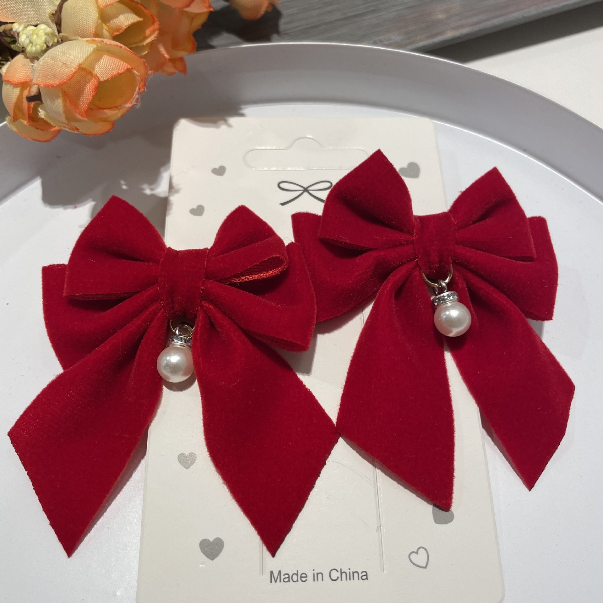 韩系可爱ins风大红色蝴蝶结发夹对夹双马尾宝宝女童发卡新年头饰