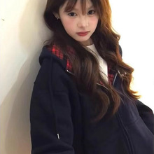 韩系拼接格子连帽卫衣外套女春秋冬开衫休闲美式复古棒球服