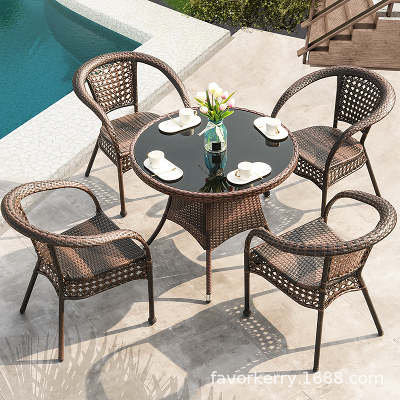 户外桌椅庭院带伞藤椅阳台三件套室外休闲防水防晒院子露天藤编椅