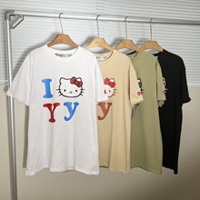 韩国小众 24新款 联名款凯蒂猫字母印花短袖男女同款宽松长款T恤