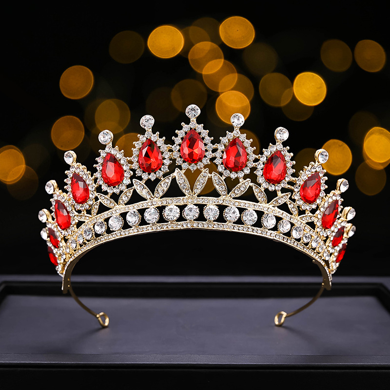 国际站爆款新娘皇冠彩色水滴水钻头饰公主婚礼王冠生日派对发饰