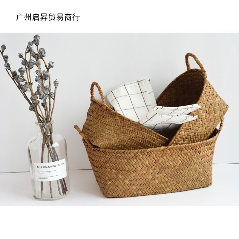 Nordic Straw Woven Desktop End Table Living Room Storage Basket Binaural Basket