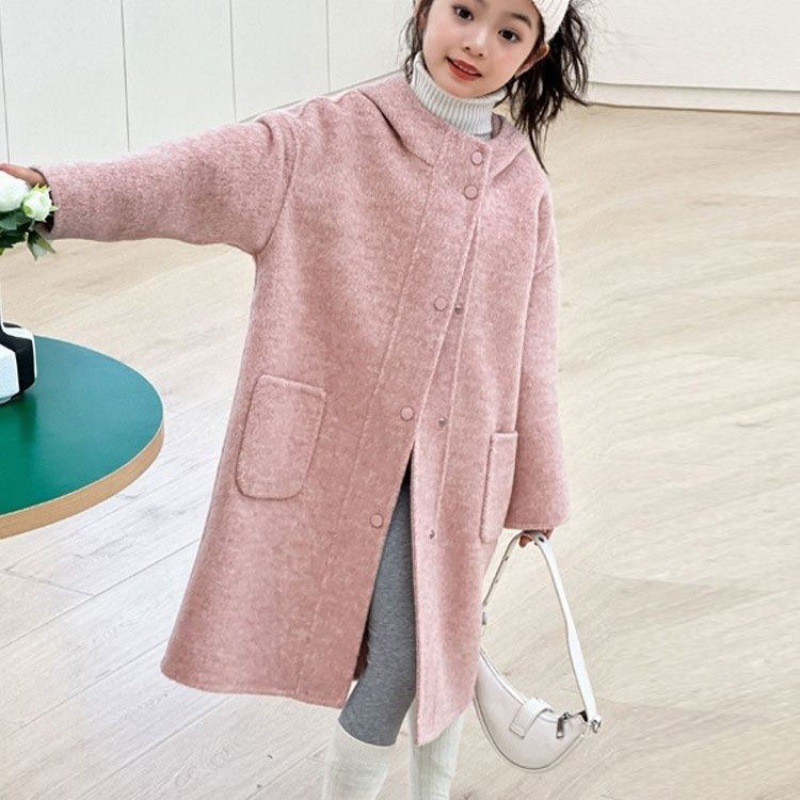 女童大衣2023新款洋气长款双面呢韩版宽松外套学生羊绒一件超市热