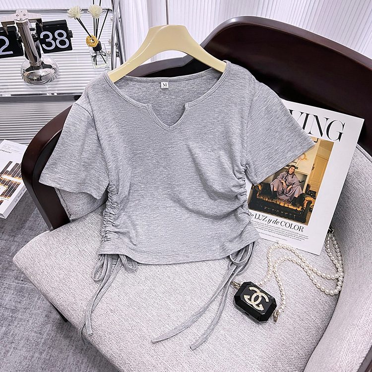 2023 Summer New Korean Style Sense of Design Niche Hot Girl Shoulder Top Women's Short-Sleeved T-shirt Slimming V-Neckline Yoga Clothes