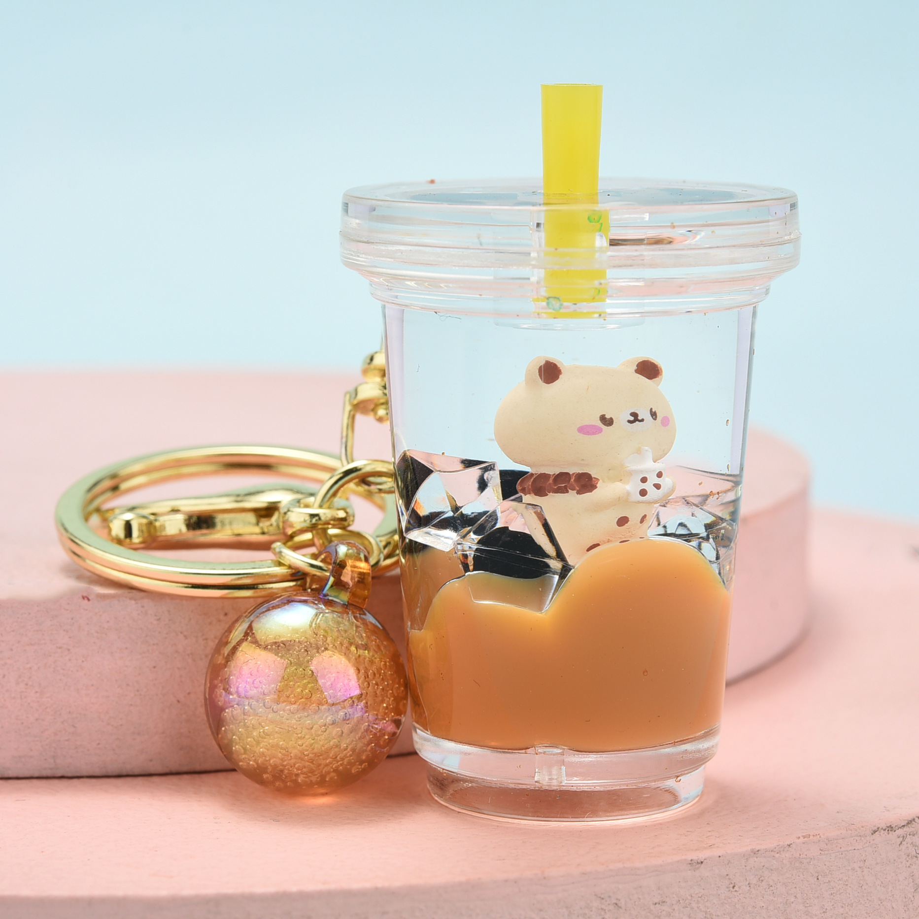 Acrylic Oil Floating Bubble Tea Bear Key Chain Creative Liquid Quicksand Keychain Schoolbag Small Pendant