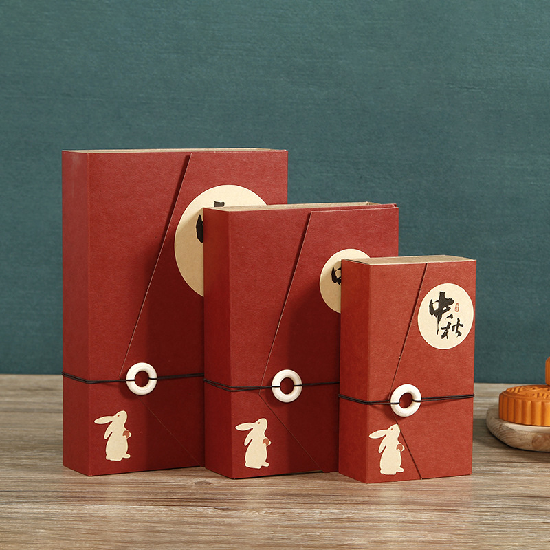 现货中秋节月饼包装盒红色折叠翻盖小纸盒中式贴纸牛皮纸月饼盒