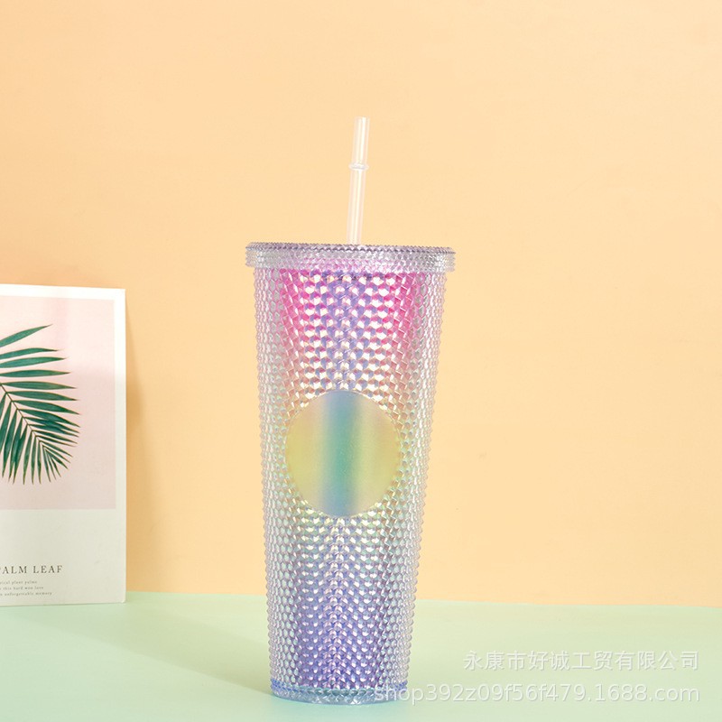 Factory Direct Supply Large Capacity 710ml Double-Layer Plastic Binding Durian Cup Laser Cardboard Bottom with Light Cup with Straw