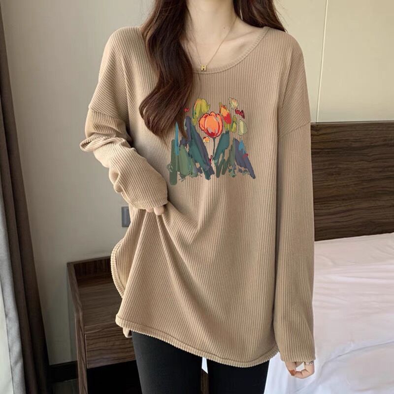 Plus Size Sunken Stripe Thread T-shirt Women's Long Sleeve Autumn Korean Loose Sweatshirt Mid-Length Bottoming Shirt Inner Wear Blouse Tide