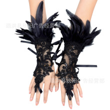 万圣节双层羽毛勾指手套派对舞会黑色闪钻蕾丝手环袖套饰品跨境