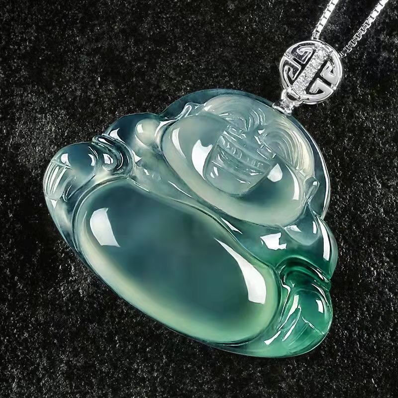 冰种翡翠玉佛吊坠女天然a货飘花大肚佛弥勒佛项链玉石佛公挂件