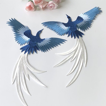 中小一对补丁洞蓝色凤凰刺绣布贴花片大衣服装饰辅料背胶手工diy