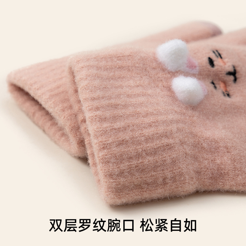 Gloves Women's Cartoon Autumn and Winter Touch Screen Fleece-Lined Knitting Cold-Proof Warm Road Bike Cute Five Finger Students Wholesale