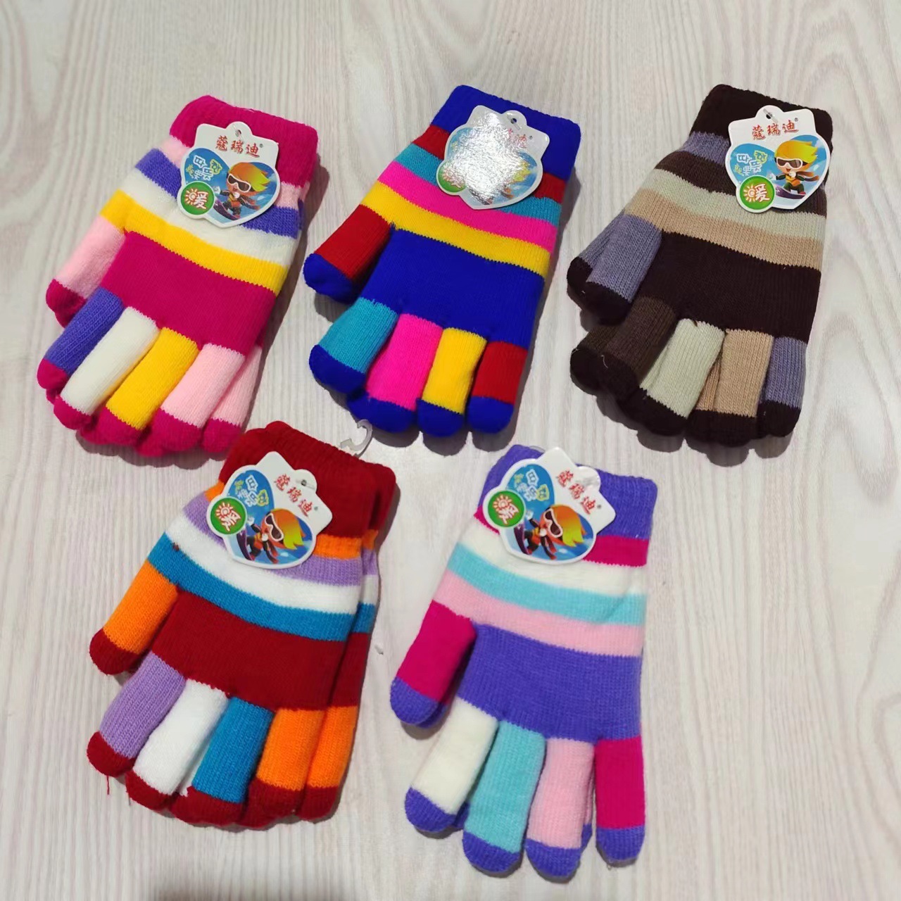 Autumn and Winter Thick Warm Double-Layer Children's Five-Finger Gloves Rainbow Striped Finger Knitted Wool Fleece-Lined Student Gloves