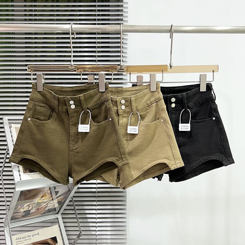 Khaki Denim Shorts Women's 2023 New Spring and Summer American Minimalist High Waist Stretch Hip Lift Hot Pants for Hot Girls