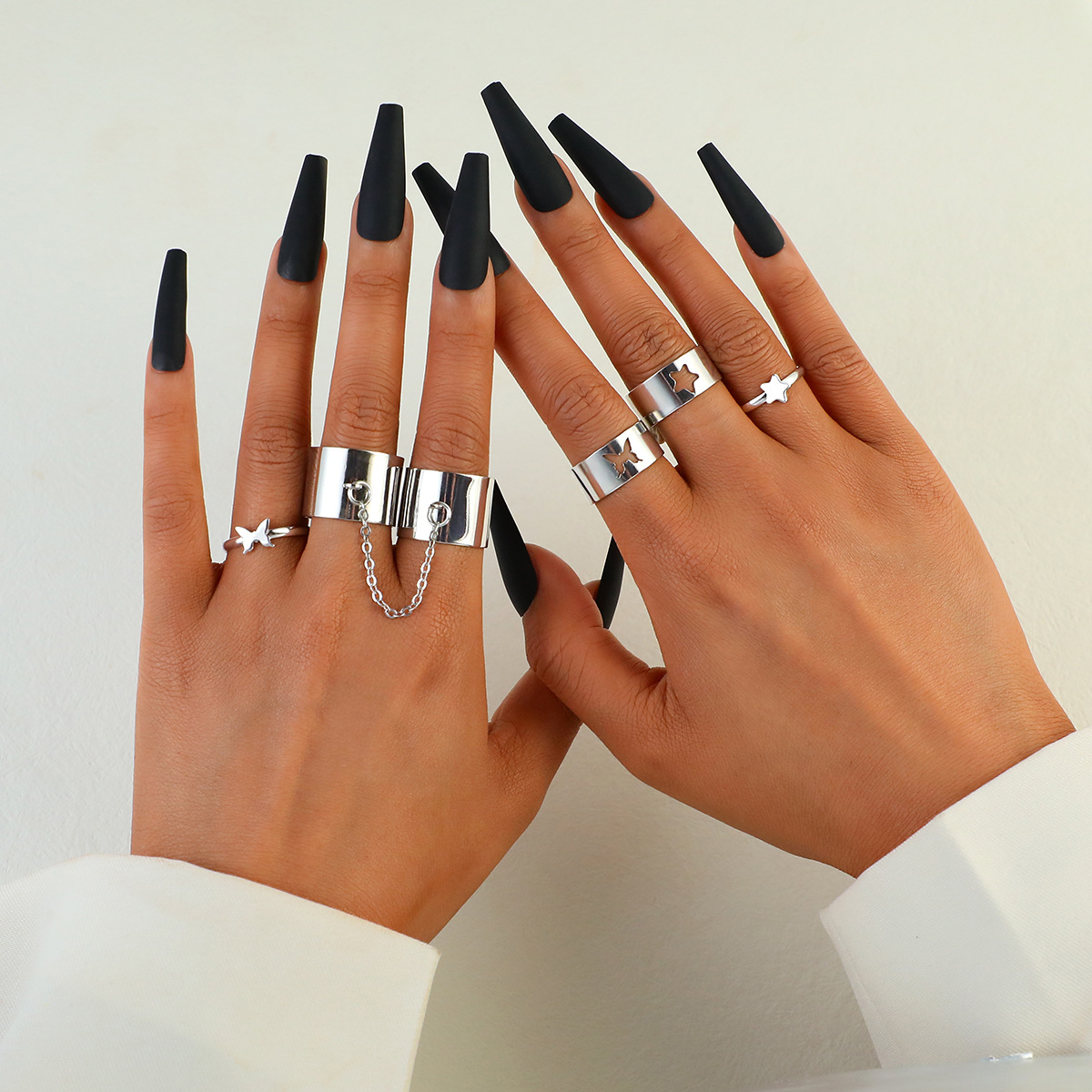 cross-border new chain ring ins punk style open personality creative hollow five-pointed star butterfly ring 5-piece set