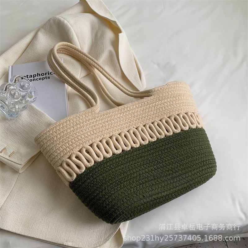 New Simple Woven Beige Hollow Bag Urban Versatile Beach Bag Fresh and Stylish Shoulder Woven Bag