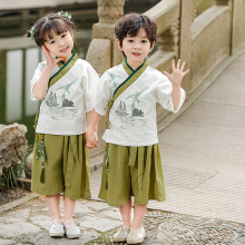 萌小铁男女童改良中国风清凉夏季短袖套装幼儿园表演服六一演出服