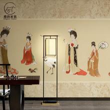 中式唐朝仕女图墙纸国画名画古代人物壁画酒楼背景墙壁纸酒店墙布