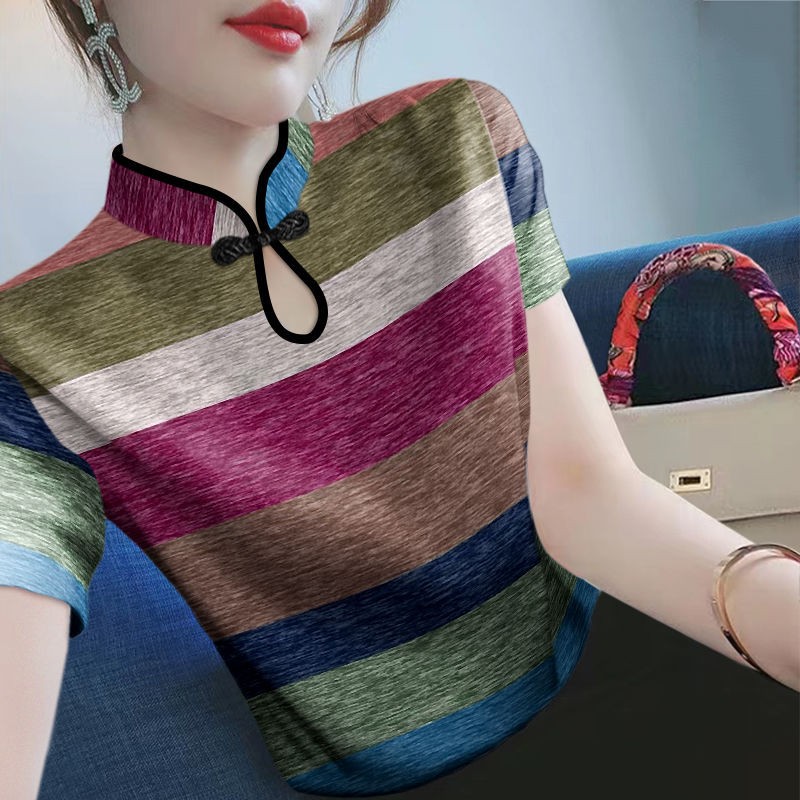 改良旗袍领短袖t恤女装2024夏季新款洋气撞色内搭显瘦打底衫上衣