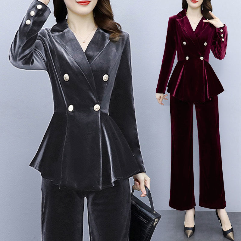 胖女人宽松遮肚子金丝绒气质套装大码女装时尚职业秋装两件套