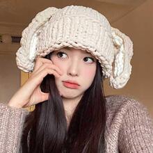 韩国可爱兔耳朵帽子女秋冬保暖手工针织帽护耳显脸小冷帽包头帽潮