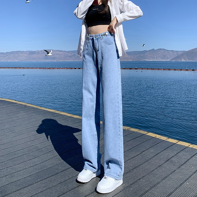 浅蓝色牛仔阔腿裤女2020春季新款高腰宽松显瘦腰围可调节拖地裤子