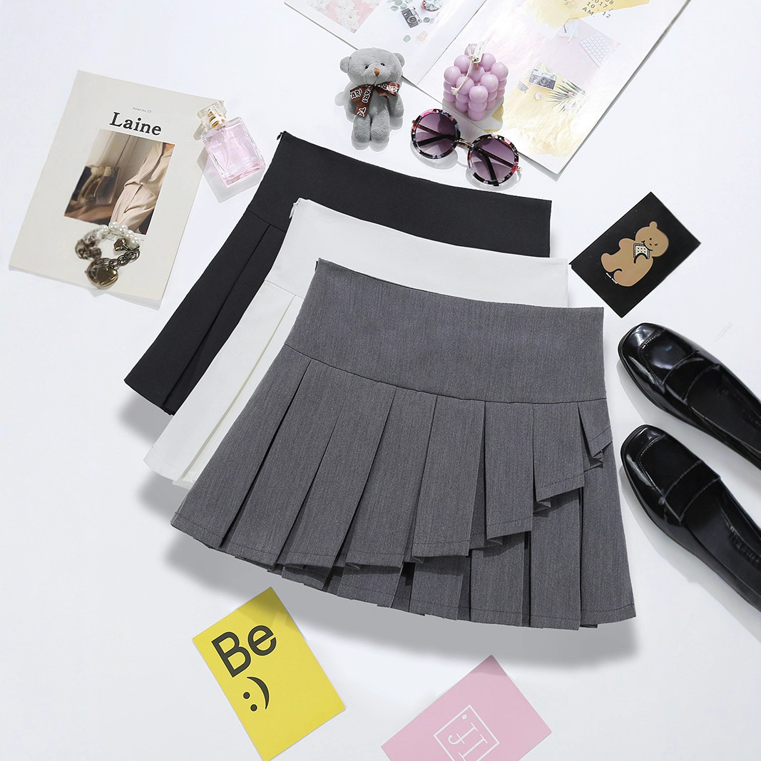 不规则双层百褶裙跨境女装高腰侧拉链防走光西装短裙一件代发9617