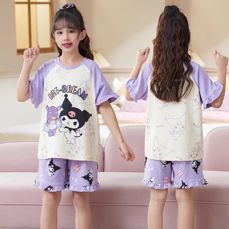 Girls' Pajamas Summer Cotton Short Sleeve Thin 2024 New Children Girls' Summer Medium and Large Children's Set Homewear