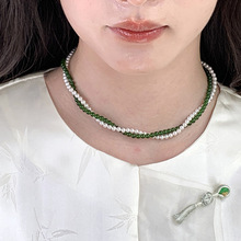 新中式多种戴法珍珠串珠长项链女绿色水晶拼接珍珠毛衣链叠戴颈链