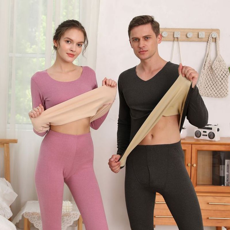 couple dralon thermal underwear set men‘s fleece-lined thickened winter seamless men autumn clothes long pants women‘s base shirt