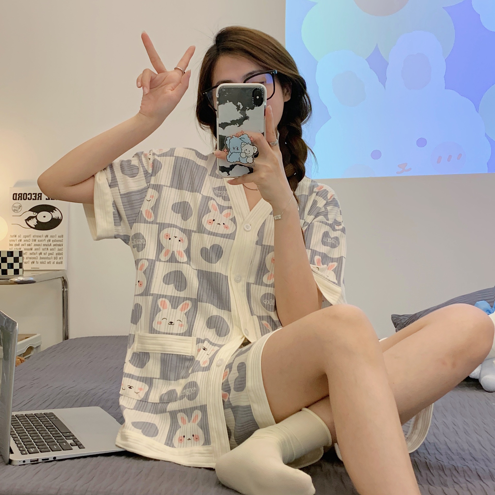 睡衣女夏季短袖裤6535棉纯棉v领抽条简约韩版开衫甜美家居服套装