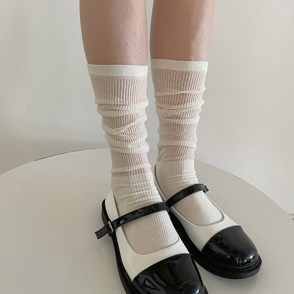 spring and summer patchwork knitting bunching socks women‘s milky white miu style ins trendy socks model style thin transparent calf socks