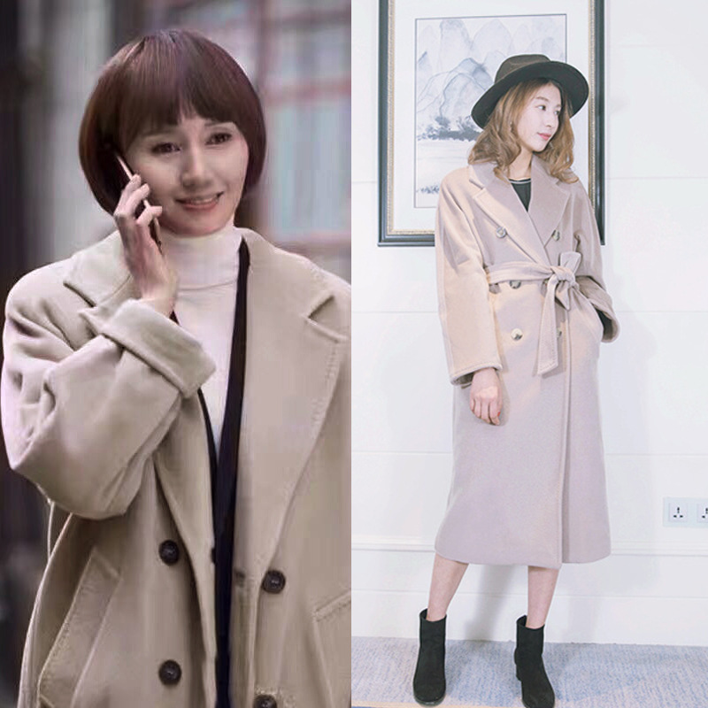 海外代购2021冬季新款唐晶袁泉同款101801中长款双排扣羊绒大衣女