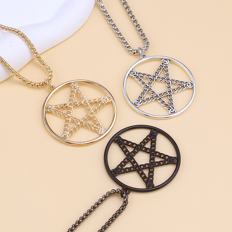 跨境外贸热销饰品 亚马逊新哥特式五角星金属圆环项链 厂家直销