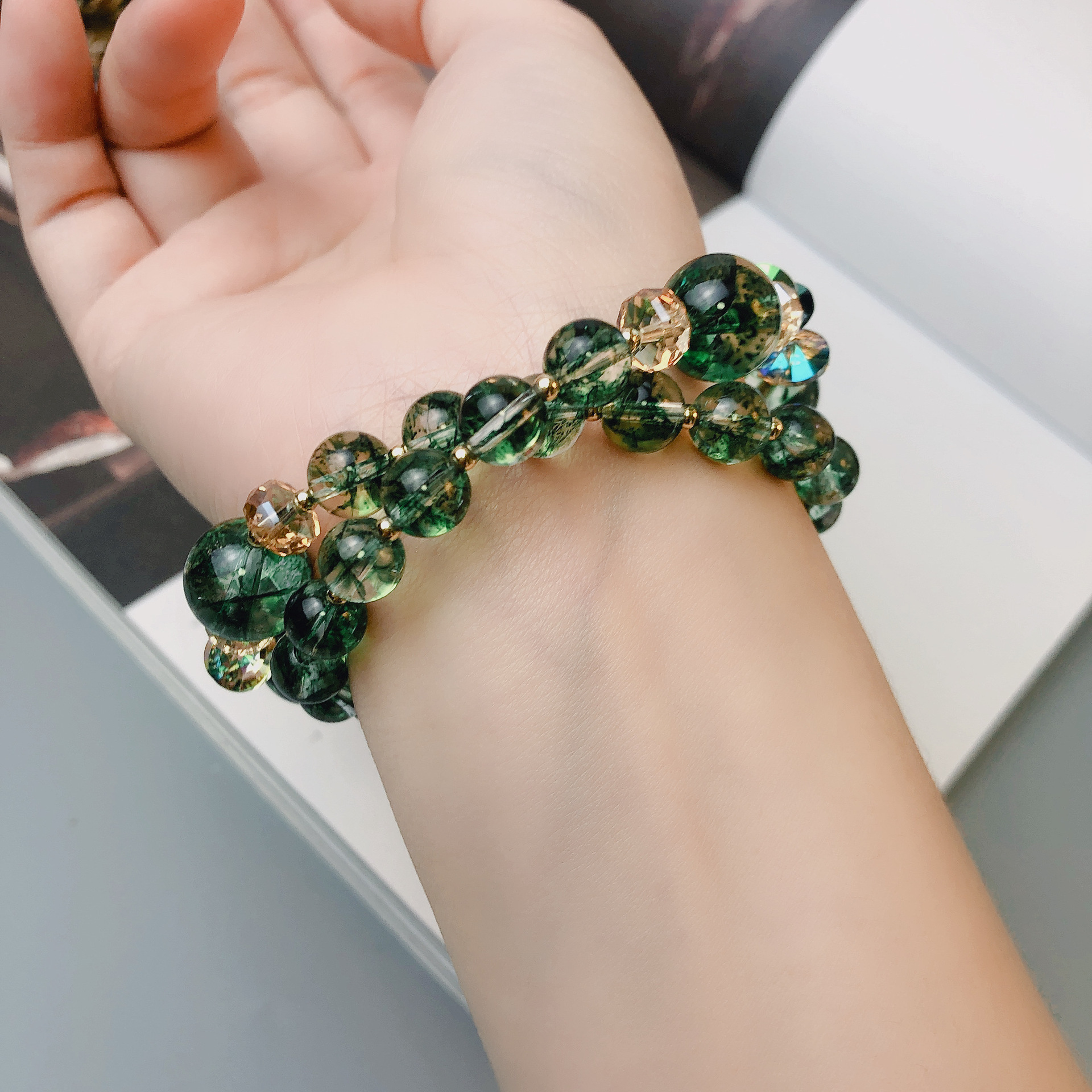 茶晶凤羽幽灵金发晶手链两圈奥地利水晶手串手工串珠饰品配饰首饰