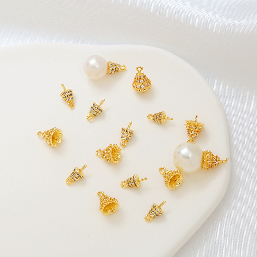 圣诞树吊针保色18k镀真金微镶锆石金字塔珍珠托针手串diy配件材料