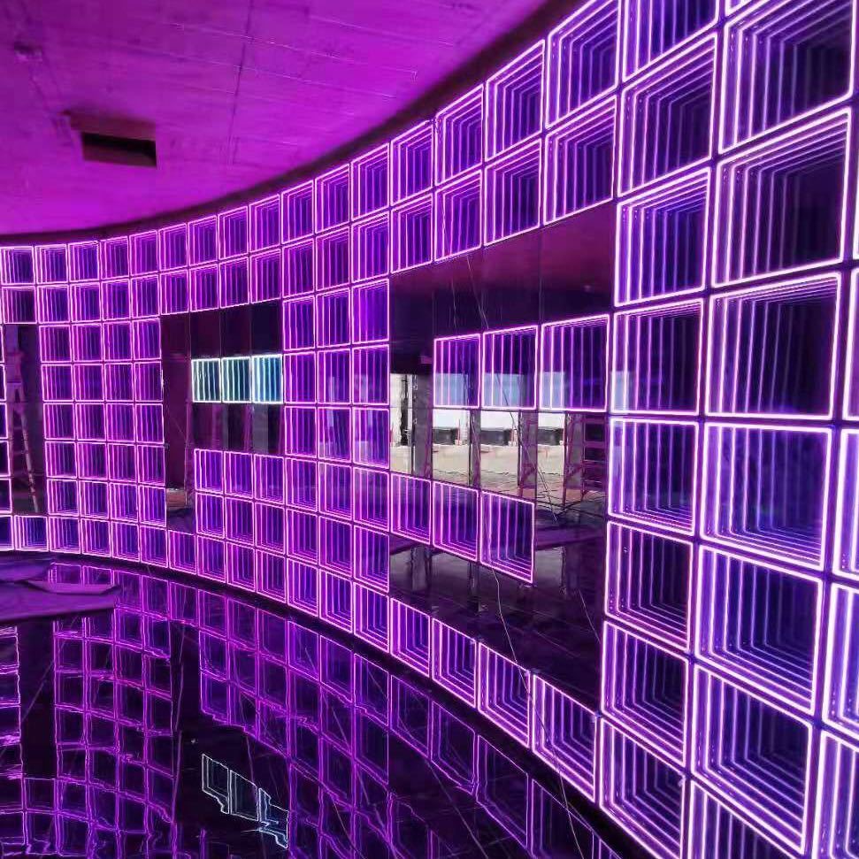 深渊镜背景墙ktv舞台感应霓虹镜面地砖灯网红3d千层镜正方形玻璃